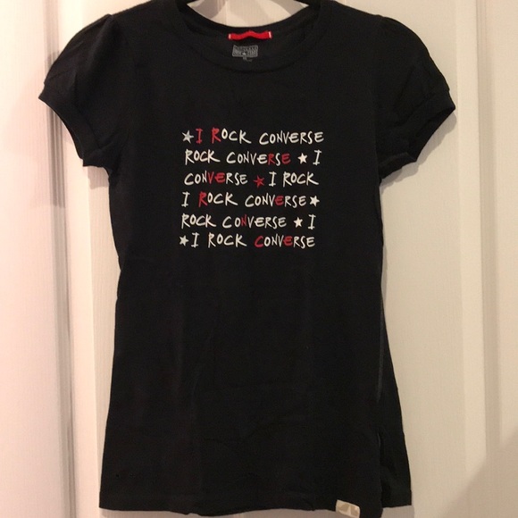👚CONVERSE black “I Rock Converse” painted tee NWT - Picture 2 of 7